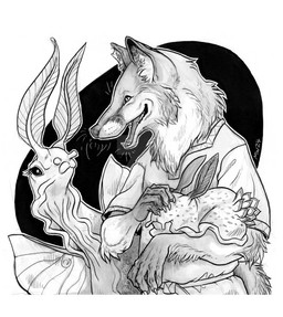 ambiguous_gender anthro arm_tuft belt cheek_tuft claws clothing facial_tuft fangs feral fur headpat looking_at_another male multicolored_body multicolored_fur neck_tuft shirt simple_background smile solo teeth teeth_showing topwear tuft whiskers justcallmemrm grimshire rowen_sablewood_(grimshire) alpheep_(grimshire) bluggy_(grimshire) canid canine fox mammal monochrome