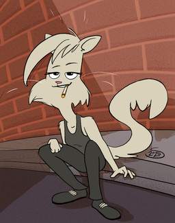 anthro black_eyes brick brick_wall cigarette cigarette_in_mouth clothed clothing curb female fully_clothed fur looking_at_viewer object_in_mouth sitting smoking smoking_cigarette solo tan_body tan_fur wall_(structure) whiskers sonderjen cynthia_(sonderjen) domestic_cat felid feline felis mammal 2025 hi_res