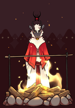 2_horns ambiguous_anthro ambiguous_gender anthro bell bell_collar cloak clothing collar fire fur group horn imminent_cannibalism imminent_death looking_at_viewer silhouette solo_focus white_body white_fur white_wool wood wool_(fur) bogcreacher cult_of_the_lamb massive_monster_(studio) lamb_(cult_of_the_lamb) red_crown_(cult_of_the_lamb) bovid caprine mammal sheep 2025 absurd_res comic digital_drawing_(artwork) digital_media_(artwork) end_page hi_res