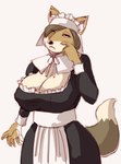 anthro big_breasts bored breasts brown_body brown_fur brown_hair claws cleavage cleavage_cutout clothed clothing cutout dress female fur hair hair_over_eye maid_uniform nipple_outline one_eye_obstructed simple_background solo uniform white_background melonleaf canid canine mammal