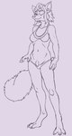 anthro barefoot bra clothing eye_patch eyewear feet female hair hand_on_underwear looking_at_viewer navel purple_and_black simple_background solo standing underwear lord_magicpants canid mammal 2019 hi_res monochrome