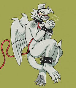 2_horns anthro arms_tied barefoot bdsm black_collar black_wristband blush bondage bound bracelet breath bridle chain cheek_tuft claws collar cuff_(restraint) facial_tuft feathered_wings feathers feet floppy_ears folded_ears fur green_background grey_body grey_claws grey_feathers grey_fur grey_horn grey_nose grey_tail grey_wings horn jewelry legs_tied male male_anthro monotone_body monotone_fur monotone_tail mostly_nude_anthro mostly_nude_male red_rope restraints rope simple_background solo spade_tail spiked_bracelet spiked_collar spikes tail toe_claws tuft tusks wings yellow_sclera birdpaw_(artist) gargoyle 2026 digital_drawing_(artwork) digital_media_(artwork) full-length_portrait hi_res portrait