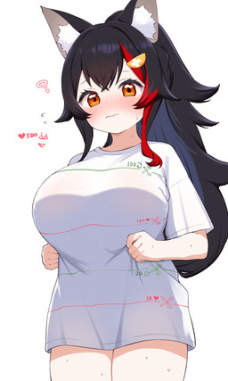 accessory big_breasts biped black_hair blush bodily_fluids breasts clothed clothing embarrassed female hair hair_accessory highlights_(coloring) huge_breasts interaction_drive like_goal long_hair looking_at_viewer nervous orange_eyes pantsless question_mark red_highlights retweet_goal simple_background solo standing sweat sweatdrop thick_thighs zazami_d hololive meme_clothing vtuber ookami_mio animal_humanoid canid canid_humanoid canine canine_humanoid humanoid mammal mammal_humanoid wolf_humanoid 3:5 absurd_res digital_drawing_(artwork) digital_media_(artwork) hi_res meme shaded simple_shading