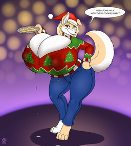 anthro big_breasts blonde_hair bodily_fluids bottomwear breasts christmas_clothing christmas_headwear christmas_sweater christmas_topwear cleavage clothed clothing cookie denim denim_bottomwear denim_clothing dialogue female food fully_clothed hair hat headgear headwear heterochromia holding_object holding_plate holidays huge_breasts hyper hyper_breasts jeans lactating lactating_through_clothing leaking leaking_milk looking_at_viewer milk multicolored_body nipple_outline open_mouth open_smile pants plate question_mark santa_hat smile solo speech_bubble sweater talking_to_viewer text thick_thighs topwear two_tone_body wet wet_clothing year badgerben christmas creamsicle_(character) canid canine fox mammal 2022 absurd_res english_text hi_res