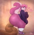 abstract_background anthro big_breasts big_butt blush breasts butt clothing dialogue excessive_feces eyewear feces female footwear fur glasses hair heart_symbol huge_butt huge_thighs hyper hyper_feces looking_at_viewer oversized_clothing oversized_sleeves pink_body pink_fur pink_hair ponytail pooping raised_tail scatplay shoes shy side_view smile sneakers socks solo standing sweater tail text thick_thighs topwear conditional_dnp mittsies clara_(toby_art) mammal mephitid skunk hi_res signature