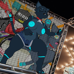 air_guitar anthro anthrofied areola big_breasts black_body black_fur blue_areola blue_body blue_fur blue_nipples bottomwear breasts cleavage clothed clothing collar eyes_closed female fingernails fur glowing glowing_body glowing_fur grey_body grey_fur hotpants nails nipples open_mouth pawpads shorts slightly_chubby solo stage thick_thighs topless whiskers roflfox_(artist) lewdssonk_(modeler) hi-fi_rush microsoft tango_gameworks 808_(hi-fi_rush) chai_(hi-fi_rush) domestic_cat felid feline felis mammal 1:1 2025 3d_(artwork) blender_(artwork) cel_shading digital_media_(artwork) hi_res shaded