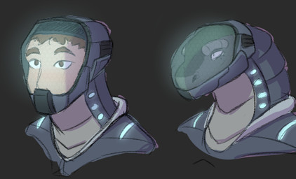 anthro armor brown_eyes brown_hair clothed clothing duo futuristic green_body grey_background hair headgear helmet male male_anthro male_human simple_background suit tan_body tan_skin visor jezzlen human mammal scalie bust_portrait portrait