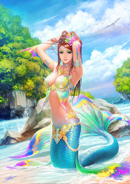 armlet beach bikini bikini_top blue_body blue_eyes blue_scales breasts brown_hair choker circlet cleavage clothed clothing cloud eyebrows eyelashes eyeshadow female fin fish_tail flower girdle gold_(metal) hair hands_behind_head jewelry long_hair looking_at_viewer makeup monster_girl_(genre) navel necklace non-mammal_breasts outside plant raised_arm rock scales seaside sky solo splash split_form swimwear tree two-piece_swimsuit water wood neoartcore ambient_bird aquatic humanoid_merfolk merfolk 2012 colorful_theme full-length_portrait portrait signature