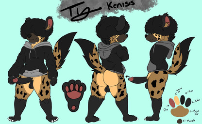 4_toes afro anthro backsack balls biped birthmark black_body black_clothing black_coded black_fur black_hair black_hoodie black_nose black_topwear blue_background bottomless bottomless_anthro bottomless_male brown_body brown_fur brown_inner_ear_fluff butt chest_tuft claws clothed clothing crotch_tuft directional_arrow erection feet fur fur_tuft genitals grey_clothing grey_hoodie grey_topwear hair hair_over_eyes hoodie hoodie_only inner_ear_fluff male markings mouth_closed multicolored_body multicolored_fur multicolored_hoodie pawpads paws penis raised_tail simple_background snaggle_tooth solo spots spotted_body spotted_fur tail tan_body tan_fur text toe_claws toes topwear topwear_only tuft hyenakenisis ty_kenisis hyena mammal character_name english_text hi_res model_sheet