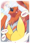 2022 anthro ari_the_talonflame asking asking_another asking_for_status avian beak bodily_fluids braixen canid canine cheek_tuft comic dialogue drooling duo ellie_the_braixen ellipsis english_text facial_tuft feathered_wings feathers feral fur generation_6_pokemon grey_body grey_feathers head_tuft hi_res inner_ear_fluff linked_speech_bubble looking_at_another looking_at_self low-angle_view male male_(lore) mammal mirror name_drop name_in_dialogue nikkibunn nintendo orange_body orange_feathers pokemon pokemon_(species) question questioning_tone red_body red_fur saliva shaded speech_bubble split_dialogue talking_to_another talonflame text tuft white_body white_fur wings yellow_body yellow_fur yes-no_question