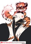 anthro areola blush breasts brown_body brown_eyes clothed clothing female hand_on_breast legwear looking_at_viewer nipples orange_body simple_background solo tail text white_background white_body voicedbarley arknights hypergryph studio_montagne waaifu_(arknights) felid mammal pantherine tiger url