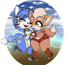 anthro big_breasts breasts cellphone chibi cleavage clothed clothing cosplay crossgender crossover_cosplay duo electronics female mtf_crossgender phone thick_thighs wide_hips angelface metroid nintendo star_fox fox_mccloud krystal_(star_fox) canid canine fox mammal crossover hi_res