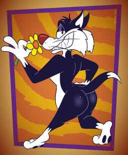 3_toes 4_fingers abstract_background anthro belly big_butt biped black_body black_eyes black_fur black_pawpads bubble_butt butt butt_focus casual_nudity cheek_tuft clenched_teeth clothed clothing curling_tail curvy_figure dipstick_tail facial_tuft fangs feet fingers flower fur glancing_back glistening glistening_butt gloves_(marking) grin grinning_at_viewer hair half-closed_eyes hand_on_hip hand_on_own_hip head_tuft holding_flower holding_object humanoid_feet humanoid_heel leg_markings lines_drawn looking_at_viewer looking_back looking_back_at_viewer male markings multicolored_hair narrowed_eyes nude open_clothing open_shirt open_topwear pawpads plant plantigrade pose raised_heel raised_tail rear_view red_nose sharp_teeth shirt slightly_chubby slightly_chubby_anthro slightly_chubby_male smile smiling_at_viewer smirk smirking_at_viewer socks_(marking) soles solo spine standing_on_toes tail tail_markings teeth tiptoes toes toony toothy_grin topwear tuft whisker_spots whiskers white_belly white_body white_feet white_fur white_hands white_sclera white_tail_tip wide_hips gavanzude looney_tunes warner_brothers sylvester_(looney_tunes) domestic_cat felid feline felis mammal tuxedo_cat 2025 alternate_version_at_paywall colored digital_drawing_(artwork) digital_media_(artwork) flat_colors hi_res pinup signature