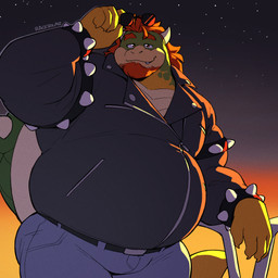 anthro armband beard belly belt big_belly biker bottomwear bracelet claws clothed clothing denim denim_bottomwear denim_clothing eyebrows eyewear eyewear_on_head facial_hair hair horn huge_belly jacket jeans jewelry kemono leather leather_clothing leather_jacket leather_topwear looking_at_viewer male motorcycle narrowed_eyes night outside overweight overweight_anthro overweight_male pants shell sky smile solo spiked_armband spiked_bracelet spiked_shell spikes spikes_(anatomy) standing star starry_sky sunglasses sunglasses_on_head teeth topwear vehicle racesolar bowser_day mario_bros nintendo biker_bowser bowser dragon_koopa koopa scalie 1:1 2025 hi_res signature