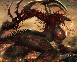 aircraft airplane back_tentacles barbed_wire barbed_wire_around_chest barbed_wire_around_legs barbed_wire_around_nipples bio_weapon biohazard_symbol blade_arm breasts chin_horn dialogue elbow_blade explosion eyes_on_arms eyes_on_body eyes_on_legs eyewear facial_horn female fence genitals glasses gun hazard_symbol helicopter horde horn infected infection jet knee_spikes leg_spikes macro male military multi_arm multi_limb nipples number_on_body ranged_weapon sharp_teeth sign spikes spikes_(anatomy) stiched symbol tail tail_spines teeth tentacles text unusual_anatomy unusual_eye_placement unusual_eyes vehicle vulva weapon wearing_glasses netxart project_kaiju tb-717_berserker human kaiju mammal patchwork_creature undead zombie english_text signature