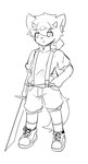 anthro biped clothed clothing fully_clothed male melee_weapon solo standing sword weapon roralon_(artist) sysor(character) canid canine canis mammal wolf absurd_res digital_drawing_(artwork) digital_media_(artwork) full-length_portrait hi_res line_art monochrome portrait sketch