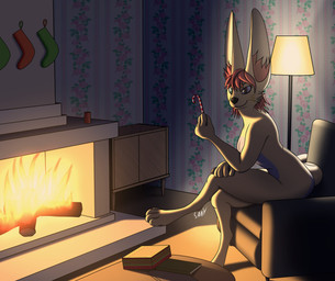 anthro box candy candy_cane container dessert female fire fireplace food holidays inside living_room nude sitting solo sanythefox christmas mammal marsupial absurd_res digital_media_(artwork) hi_res