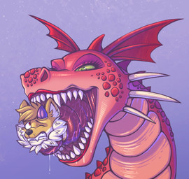 anthro anthro_prey black_eyebrows black_nose blue_background bodily_fluids cheek_spikes clenched_teeth duo eyebrows eyelashes facial_spikes fangs female female_feral female_pred feral feral_pred fur green_eyes green_sclera horn in_mouth larger_female larger_feral lips looking_back looking_down male male_prey multicolored_body multicolored_fur multicolored_scales one_eye_closed oral_vore orange_body orange_ears orange_fur pink_body pink_scales pupils purple_body purple_horn purple_scales purple_tongue red_body red_eyes red_horn red_lips red_scales saliva saliva_on_tongue scales sharp_teeth simple_background size_difference slit_pupils smaller_anthro smaller_male snout spikes spikes_(anatomy) teeth tongue tongue_around_body two_tone_body two_tone_fur vore white_body white_fur white_inner_ear bluestripedrenulian dreamworks european_mythology mythology shrek_(series) dragon_(shrek) canid canine dragon mammal mythological_creature mythological_scalie scalie western_dragon 2026 hi_res
