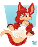 ambiguous_gender anthro big_ears blush blush_lines bodily_fluids chest_tuft clenched_hands diaper fangs feet front_view fur genital_fluids hair hand_on_head hindpaw horn looking_at_diaper lying markings multicolored_body multicolored_fur on_back paws raised_leg red_body red_fur red_hair solo tail tan_body tan_fur teeth toddler tucked_legs tuft two_tone_body two_tone_fur unclean_diaper urine used_diaper wavy_mouth wet_diaper yellow_eyes young toby_tiger furred_kobold furred_scalie kobold scalie hi_res