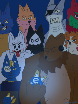 anthro female group male mascot cheezeburgerz1 changed_(video_game) e621 thragg_and_viltrumites_panel bearphones esix hexerade puro_(changed) aquatic bear canid canine canis domestic_cat felid feline felis fish fox mammal shark wolf 3:4 hi_res
