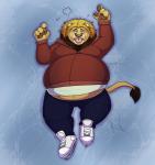 belly big_belly bodily_fluids breath claws clothed clothing flying_sweatdrops fur hoodie ice ice_skates lying male mane moobs obese obese_male on_back overweight overweight_male solo sweat sweatdrop tan_body tan_fur tongue tongue_out topwear shikakaka felid lion mammal pantherine absurd_res hi_res