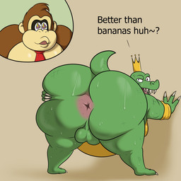anthro anus balls banana bent_over big_balls big_butt black_eyes bodily_fluids bracelet brown_body brown_fur brown_hair butt butt_grab claws close-up crown crown_only dessert doughnut duo food fruit fur genitals gold_(metal) gold_bracelet gold_jewelry green_body green_nose green_scales green_tail hair hand_on_butt hand_on_own_butt headgear headgear_only huge_butt jewelry looking_back male male/male necktie nude overweight overweight_male pastry plant presenting presenting_anus presenting_hindquarters question_mark raised_tail rear_view red_necktie royalty scales sharp_teeth spread_butt spreading sweat tail tan_body tan_ears tan_fur tan_nose teeth text thick_thighs three-quarter_view tongue white_claws colossalstars donkey_kong_(series) nintendo donkey_kong_(character) king_k._rool ape crocodile crocodilian gorilla haplorhine kremling mammal primate reptile scalie 2025 digital_media_(artwork) english_text hi_res
