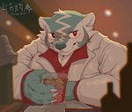 anthro beverage cheek_tuft clothed clothing container cup facial_tuft fur grey_body grey_fur grey_nose holding_object ice inside male pecs red_eyes solo tuft white_body white_clothing white_fur yakuza ziran yakuza_(series) ziran_(character) badger mammal mustelid musteline detailed hi_res