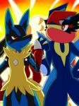 ambiguous_gender anthro black_body black_fur blue_body blue_fur duo fur long_tongue red_eyes spikes tongue yellow_body yellow_fur winick-lim nintendo pokemon ash-greninja amphibian canid canine generation_6_pokemon greninja mammal mega_evolution mega_lucario pokemon_(species) hi_res