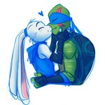 anthro anthro_on_anthro clothing duo eyes_closed fur green_body heart_symbol hoodie kerchief kissing male male/male topwear white_body white_fur unknownplants rise_of_the_teenage_mutant_ninja_turtles teenage_mutant_ninja_turtles usagi_yojimbo leonardo_(tmnt) miyamoto_usagi lagomorph leporid mammal pond_slider rabbit red-eared_terrapin reptile scalie terrapin turtle 1:1