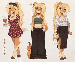 5_fingers anthro biped blonde_hair bottomwear brown_body brown_fur brown_tail claws clothed clothed_anthro clothed_female clothing cloven_hooves countershade_fur countershade_torso countershading dress eyes_closed eyewear female feral finger_claws fingers front_view fully_clothed fully_clothed_anthro fully_clothed_female fur green_eyes hair holding_glass holding_object hooves looking_at_viewer markings navel pants ponytail simple_background smile solo spots spotted_body spotted_fur spotted_markings spotted_tail standing sunglasses tail tail_markings topwear waspsalad almond_(waspsalad) deer mammal 2025 digital_drawing_(artwork) digital_media_(artwork) hi_res