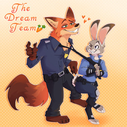 anthro bottomwear breasts buckteeth carrot clothing duo female food fur green_eyes grey_body grey_fur male multicolored_body multicolored_fur one_eye_closed orange_body orange_fur pants plant police police_badge police_officer police_uniform purple_eyes shirt teeth topwear two_tone_body two_tone_fur uniform vegetable wink kattylender disney zootopia judy_hopps nick_wilde canid canine fox lagomorph leporid mammal rabbit 1:1 2025 digital_media_(artwork) hi_res