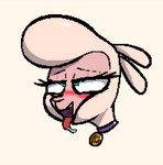 2019 ahegao anonymous_artist black_outline blush bodily_fluids bovid bust_portrait caprine collar digital_media_(artwork) domestic_sheep drooling ears_down eye_roll female feral fur letterbox lidded_eyes looking_pleasured low_res mammal open_mouth open_smile outline pink_body pink_face pink_fur pivoted_ears pixel_(artwork) pom_(tfh) pompadour portrait saliva saliva_on_tongue sheep simple_background smile solo teal_eyes them's_fightin'_herds tongue tongue_out white_background wool_(fur)