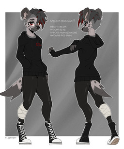 anthro clothing ear_piercing eyebrow_piercing facial_piercing female hoodie leather leather_clothing looking_at_viewer nose_piercing piercing solo topwear flightov callista_redgrave hyena mammal 5:6 absurd_res hi_res model_sheet