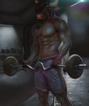 abs anthro barbell black_hair blue_eyes bottomwear clothing hair hall long_hair male muscular muscular_anthro muscular_male shorts solo ghost738589 bovid bovine cattle mammal absurd_res hi_res