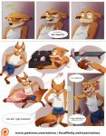 2016 anthro bodily_fluids bottomwear canid canine clothed clothing comic conditional_dnp dialogue disney doll english_text fox fur heart_symbol hi_res humor lagomorph leporid male mammal nick_wilde number onomatopoeia page_number patreon patreon_logo plushie poster rabbit red_fox shirt shorts solo sound_effects speech_bubble surprise sweat sweatdrop tank_top text tissue_box topwear toy true_fox url website_logo xnirox zootopia