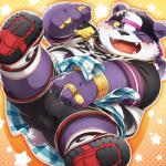 anthro belly blush bulge clothing cute_fangs fangs footwear hat headgear headwear male one_eye_closed ring shoes slightly_chubby sneakers solo teeth wink hinami lifewonders tokyo_afterschool_summoners alp_(tas) bear giant_panda mammal 1:1 2019