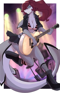 acoustic_guitar anthro areola band blue_eyes boots bottomwear bra breasts cleavage clothed clothing concert eyebrows eyelashes female footwear guitar hair hair_over_eye long_hair looking_at_viewer miniskirt musical_instrument non-mammal_breasts one_eye_obstructed playing_guitar playing_music plucked_string_instrument ponytail red_hair shoes skirt smile solo string_instrument tail tail_under_skirt underwear firetally meeka_(spiko) aquatic blacktip_reef_shark carcharhinus fish reef_shark requiem_shark shark 2016 absurd_res hi_res