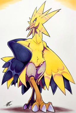 anthro beak blush blush_lines breasts claws eyelashes feathered_wings feathers featureless_breasts featureless_crotch female grey_eyes looking_at_viewer non-mammal_breasts open_mouth pokemorph simple_background small_breasts solo tongue wings yellow_body yellow_feathers 025aki nintendo pokemon avian bird generation_1_pokemon legendary_pokemon pokemon_(species) zapdos 2025 absurd_res dated hi_res signature