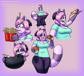 anthro beanie biped bottomwear bottomwear_pull bowl breasts burger cleavage clothed clothing clothing_pull container eating eating_food exclamation_point female food fries gloves_(marking) hair hat headgear headwear holding_bowl holding_burger holding_container holding_food holding_fries holding_object holding_pizza looking_at_viewer markings medium_breasts medium_hair narrowed_eyes noodles one_fang open_mouth open_smile oversized_bottomwear oversized_clothing oversized_pants pants pants_pull pink_background pink_hair pizza ramen ring_(marking) ringed_tail shirt simple_background smile smirk solo standing striped_markings striped_tail stripes sweatpants t-shirt tail tail_markings text topwear weight_gain weight_gain_sequence wide_eyed wide_hips yellow_eyes noctoon maddison_ringtail mammal procyonid raccoon 2020 artist_name digital_drawing_(artwork) digital_media_(artwork) english_text hi_res multiple_images sequence signature url trans_(lore) trans_woman_(lore)