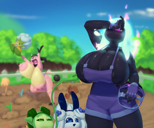 5_fingers ambiguous_gender anthro areola areola_slip big_breasts big_nipples biped black_ears blue_body blue_eyes blurred_background blush bodily_fluids breasts closed_smile clothed clothing dirt eyebrows eyelashes fake_ears feet female fence fingers fire flaming_hair floating food front_view glowing green_body green_eyes group headgear holding_object horn huge_breasts hyper hyper_breasts lactating looking_at_another looking_up monotone_body mouth_closed mouthless nipple_slip nipples nude nude_female one_eye_closed onomatopoeia open_mouth open_smile outside overalls pink_body pink_eyes plant pseudo_hair running sky smile solo_focus sound_effects standing sweat tail text tree vines dibujosv12 nintendo pokemon bell_(v12) cream_(v12) loe_(v12) mia_(v12) rose_(v12) alcremie berry_sweet_alcremie bovid bovine ceruledge dugtrio eldegoss elemental_creature flora_fauna food_creature generation_1_pokemon generation_2_pokemon generation_3_pokemon generation_8_pokemon generation_9_pokemon humanoid mammal miltank mint_cream_alcremie pokemon_(species) roselia 2025 absurd_res artist_name digital_drawing_(artwork) digital_media_(artwork) hi_res