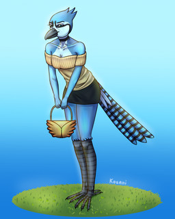 anthro avian_feet beak bottomwear breasts clothing collarbone feathers female medium_breasts non-mammal_breasts scuted_legs scutes skirt smile solo tail tail_feathers wide_hips kotani lilleya_(character) avian bird corvid jay_(bird) oscine passerine full-length_portrait hi_res portrait