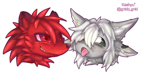 4_ears ahegao anthro black_sclera duo fangs fur hair head_only looking_pleasured male multi_ear open_mouth red_body red_eyes red_fur red_hair simple_background smile teeth tongue white_body white_eyes white_fur white_hair white_sclera gnida_gnid avali eulipotyphlan hedgehog mammal absurd_res hi_res
