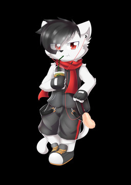 anthro arm_tuft black_background black_bottomwear black_clothing black_hair black_pants black_topwear black_vest bottomwear bulge cheek_tuft clothed clothing elbow_tuft facial_tuft fangs front_view fur glistening glistening_eyes glistening_hair hair looking_at_viewer male mouth_closed multicolored_bottomwear multicolored_clothing narrowed_eyes pants red_bottomwear red_clothing red_eyes red_pants red_scarf scarf simple_background solo standing teeth topwear tuft two_tone_bottomwear two_tone_clothing two_tone_pants unsigned vest white_body white_fur young kewkungzn felid mammal full-length_portrait hi_res portrait