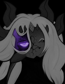 anthro black_background broken_mask clothed clothing corruption female hair horn jewelry long_hair looking_at_viewer mask purple_eyes simple_background solo tired_eyes wearing_mask echros mythology mys_(echros) dragon mythological_creature mythological_scalie scalie digital_media_(artwork) hi_res monochrome