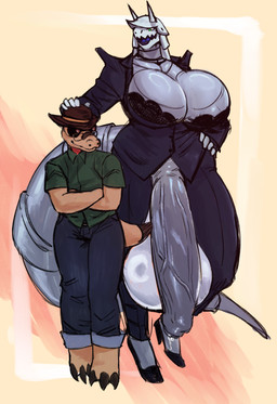 anthro balls big_balls big_breasts big_penis bra breasts clothing cowboy_hat duo footwear genitals gynomorph hat headgear headpat headwear high_heels huge_balls huge_breasts huge_penis hyper hyper_balls hyper_genitalia hyper_penis intersex intersex/male larger_gynomorph larger_intersex male penis shoes size_difference smaller_male suit tail thick_tail underwear tigersouldd nintendo pokemon mrs._sterling_(ncrmadness50) aggron generation_3_pokemon generation_5_pokemon pokemon_(species) sandile absurd_res hi_res
