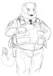 adjusting_clothing anthro bottomwear bulletproof_vest clothed clothing dress_shirt electronics fully_clothed holster id_card male necktie overweight overweight_anthro overweight_male pants security security_guard shirt solo standing tail topwear uniform vest walkie-talkie cettus mammal mustelid 2020 monochrome sketch