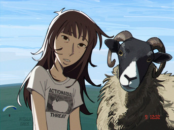 2_horns bangs black_body black_eyebrows black_eyes black_fur black_nose black_text breasts brown_hair clothing curled_horn duo eyebrow_through_hair eyebrows female female_human feral fur grey_body grey_fur grey_horn hair horn long_hair looking_at_viewer male male_feral markings mole_(marking) multicolored_body multicolored_fur pupils shirt small_breasts snout t-shirt text text_on_clothing text_on_shirt text_on_topwear topwear translucent translucent_hair white_body white_clothing white_fur white_shirt white_topwear wool_(fur) yellow_eyes hitsujigoods kara_(hitsujigoods) bovid caprine goat human mammal 2026 english_text hi_res shaded signature