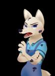 anthro black_nose blue_eyes clothed clothing crossed_arms dirty fur inner_ear_fluff neck_tuft open_mouth overalls simple_background solo teeth tongue transparent_background tuft white_body white_fur rockbottomfeeder disney zootopia skye_(zootopia) arctic_fox canid canine fox mammal true_fox alpha_channel hi_res