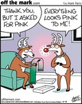 ambiguous_gender anthro antlers bell bell_collar biped black_hooves black_nose blue_collar collar duo green_scarf hooves horn humor red_nose scarf sitting text white_antlers mark_parisi off_the_mark rudolph_the_red-nosed_reindeer deer mammal new_world_deer reindeer 2022 comic english_text url