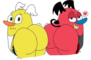 anthro ass_to_ass bat_wings big_butt black_wings blue_bottomwear blue_clothing blue_nose blue_skirt bottomwear bottomwear_pull butt butt_focus clothed clothing clothing_pull duo fangs feathered_wings feathers grin grinning_at_viewer half-closed_eyes head_wings heart_symbol horn huge_butt looking_at_viewer looking_back looking_back_at_viewer male male/male membrane_(anatomy) membranous_wings mooning motion_lines narrowed_eyes not_furry penile presenting presenting_hindquarters purple_eyes rear_view red_body red_bottomwear red_clothing red_skin red_skirt sex shirt simple_background skirt skirt_pull skirt_pulled_down smile smiling_at_viewer spade_tail tail tank_top teeth thick_thighs topwear unusual_wing_placement white_background white_clothing white_shirt white_tank_top white_topwear white_wings wide_hips wings yellow_body yellow_skin yellow_teeth anonymous_artist comedy_central drawn_together cottonexit_garmentbug fan_character wooldoor_sockbat angel angel_humanoid demon horned_humanoid humanoid mammal sockbat_(species) winged_humanoid digital_media_(artwork)